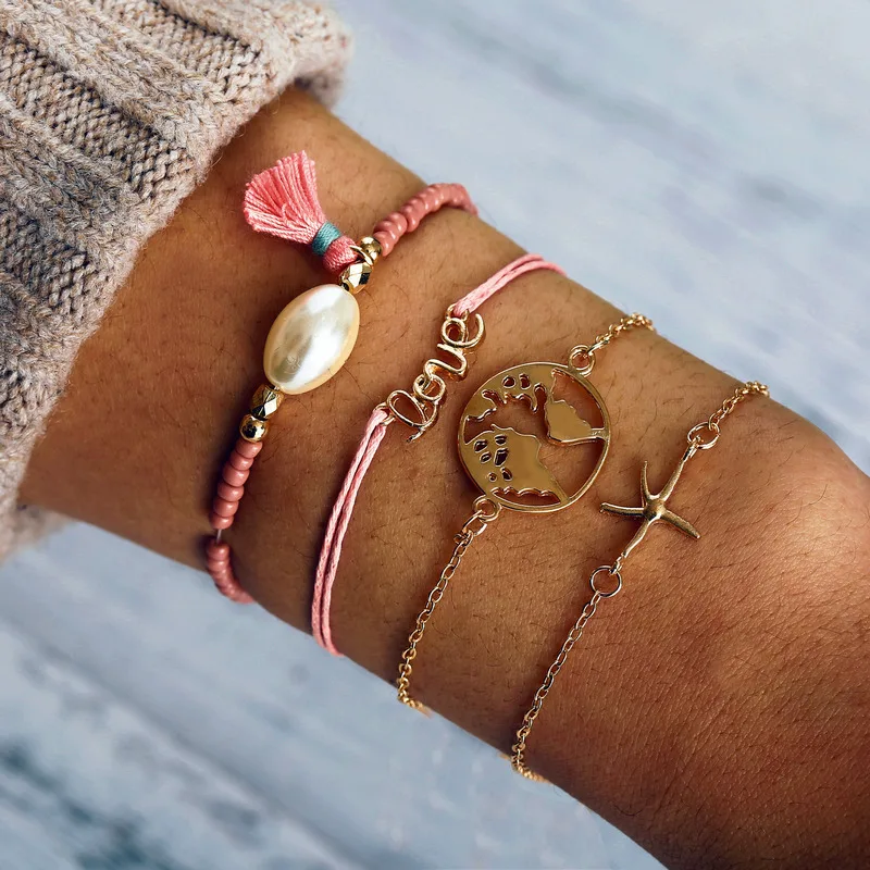 New Fashion Jewelry LOVE Starfish Map Tassels Bracelet 4Pcs/Set Gold Color Beaded Rope Chain Bracelet Femme
New Fashion Jewelry LOVE Starfish Map Tassels Bracelet 4Pcs/Set Gold Color Beaded Rope Chain Bracelet Femme