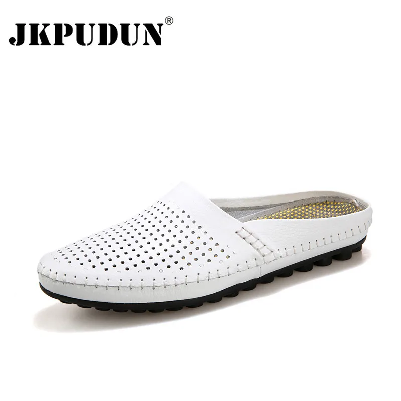 JKPUDUN Summer Men Shoes Luxury Brand Leather Casual Half Slippers Flip Flops Breathable Navy Studded Penny Loafers | Обувь