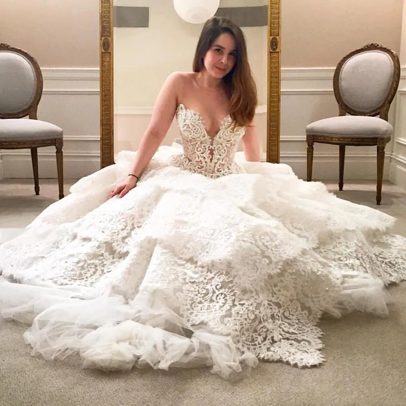 Stunning Lace Wedding Dresses Pearls Sheer Plunging Neck A-Line Lace-up Back Sweep Train Tulle TieredBridal Gowns