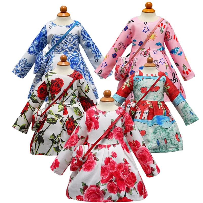 2018 Girls Dress Summer Rose Floral Print Long Sleeve Dresses for Baby Girls Designer Formal Party Dress Bag Kids Vestido 2-8Y 
2018 Girls Dress Summer Rose Floral Print Long Sleeve Dresses for Baby Girls Designer Formal Party Dress Bag Kids Vestido 2-8Y