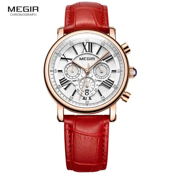 

MEGIR 24 Hours Chronograph Analogue Quartz Watch for Lady Girl Women's Fashion Waterproof Red Leather Strap Wristwatch 2058