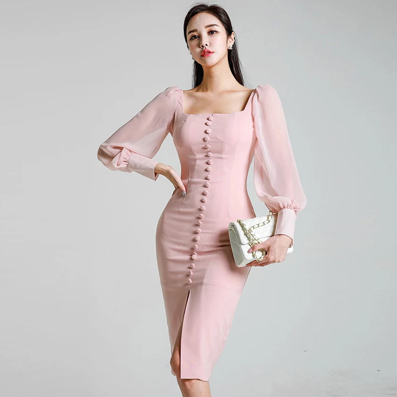Fashion women pink slim pencil dress new arrival Office Lady sexy puff sleeve elegant square collar solid color formal dress
Fashion women pink slim pencil dress new arrival Office Lady sexy puff sleeve elegant square collar solid color formal dress