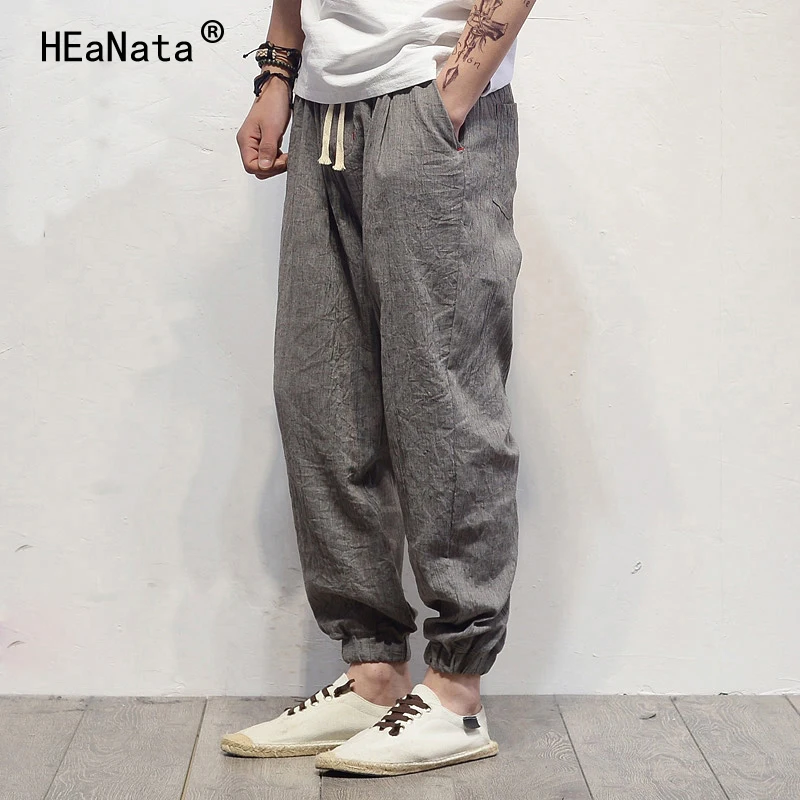 Casual Harem Pants Men Joggers Male Fitness Trousers Elastic Waist Loose Linen