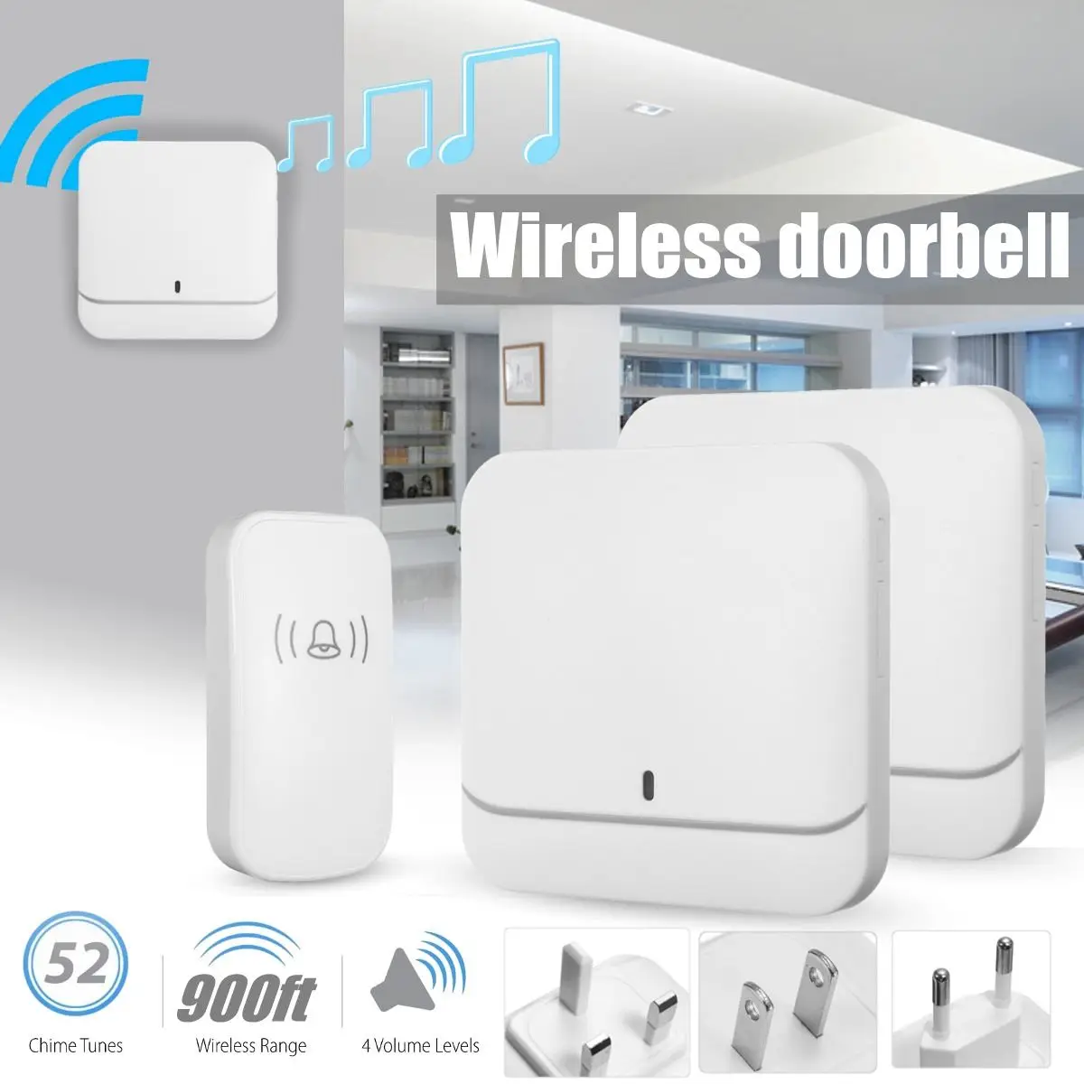New Wireless Doorbell Waterproof 900ft Remote EU UK US Plug smart Door Bell Chime battery 1 button 2 receiver AC