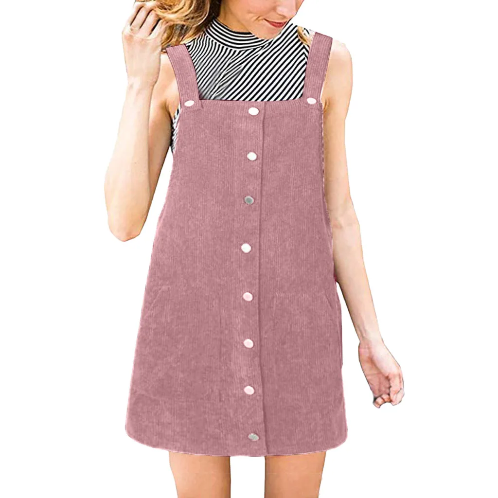 

Dress Women Summer Casual 2019 Women Corduroy Straight Suspender Mini Bib Overall Pinafore Casual Button Dress vestidos #N05