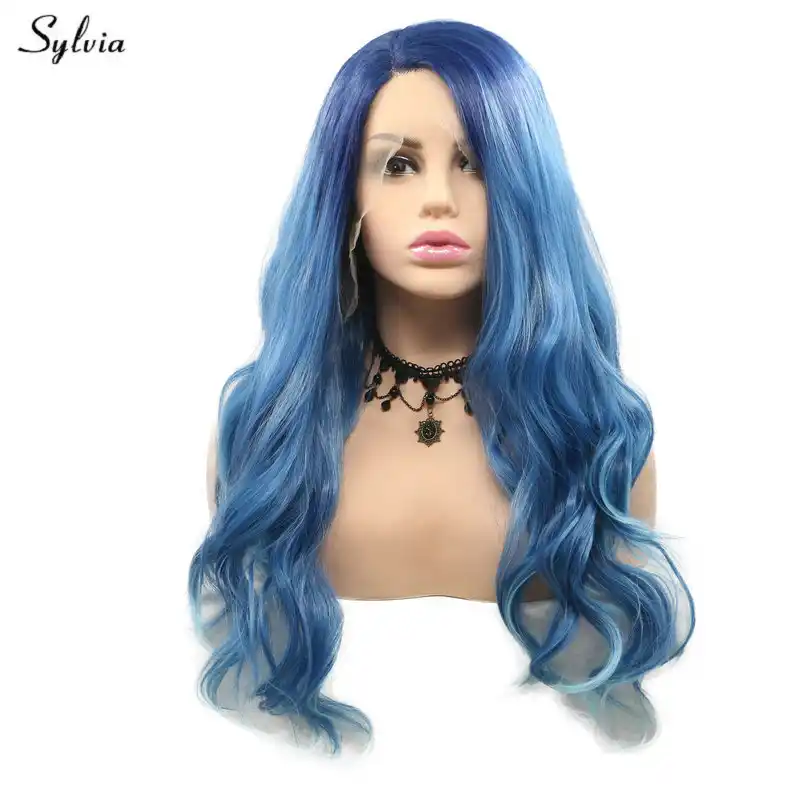 Sylvia Synthetic Lace Front Wig Dark Blue Sea Blue Ombre With Hair