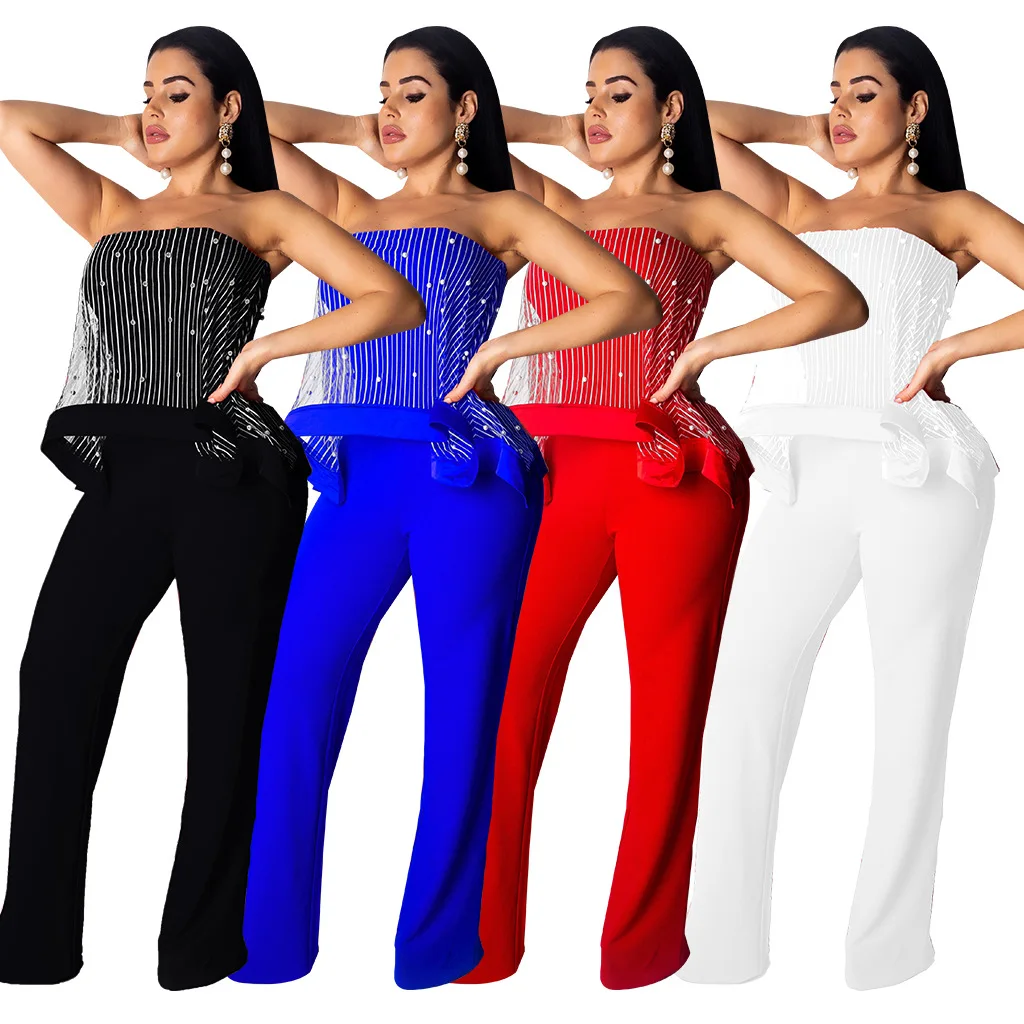 Summer Pearl Beading Elegant Jumpsuits for Women Strapless Off Shoulder Mesh Wide Leg Jumpsuits One Piece Long Pants Rompers
Summer Pearl Beading Elegant Jumpsuits for Women Strapless Off Shoulder Mesh Wide Leg Jumpsuits One Piece Long Pants Rompers