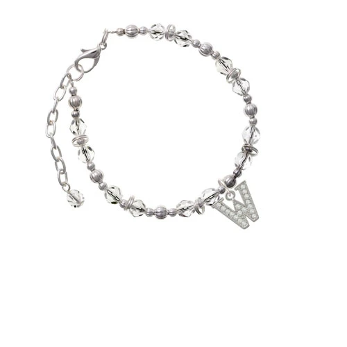 Silvertone Crystal Initial - W - Clear Beaded Bracelet