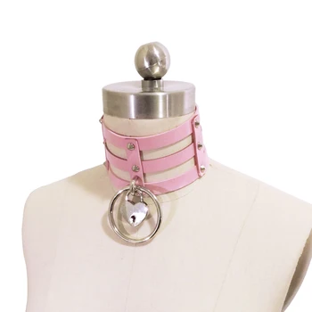 

Kawaii Pastal Pink Punk Rock Lolita Harajuku Handmade Safe Heart Choker Lock Key Three Row Caged O Round Collar Necklace