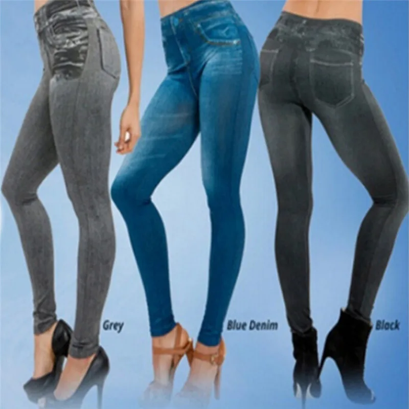 Imitation Denim Pants Trousers With Fake Pocket Slim Jeggings Leggings Women Fitness Jeans Leggings Black/Gray/Blue