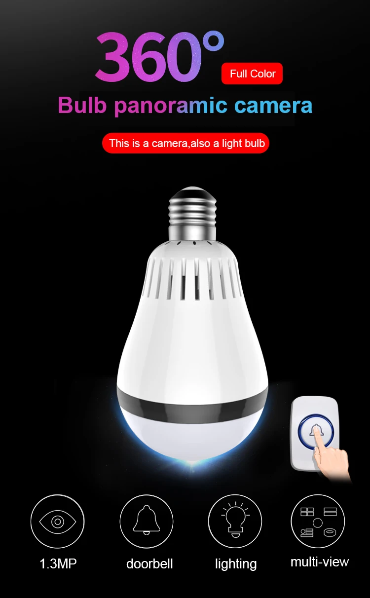 Panoramic Bulb Fisheye VR 360 Degree Two Way Audio IR&White Light E27 WIFI 960P HD Wireless Smart IP Camera
Panoramic Bulb Fisheye VR 360 Degree Two Way Audio IR&White Light E27 WIFI 960P HD Wireless Smart IP Camera