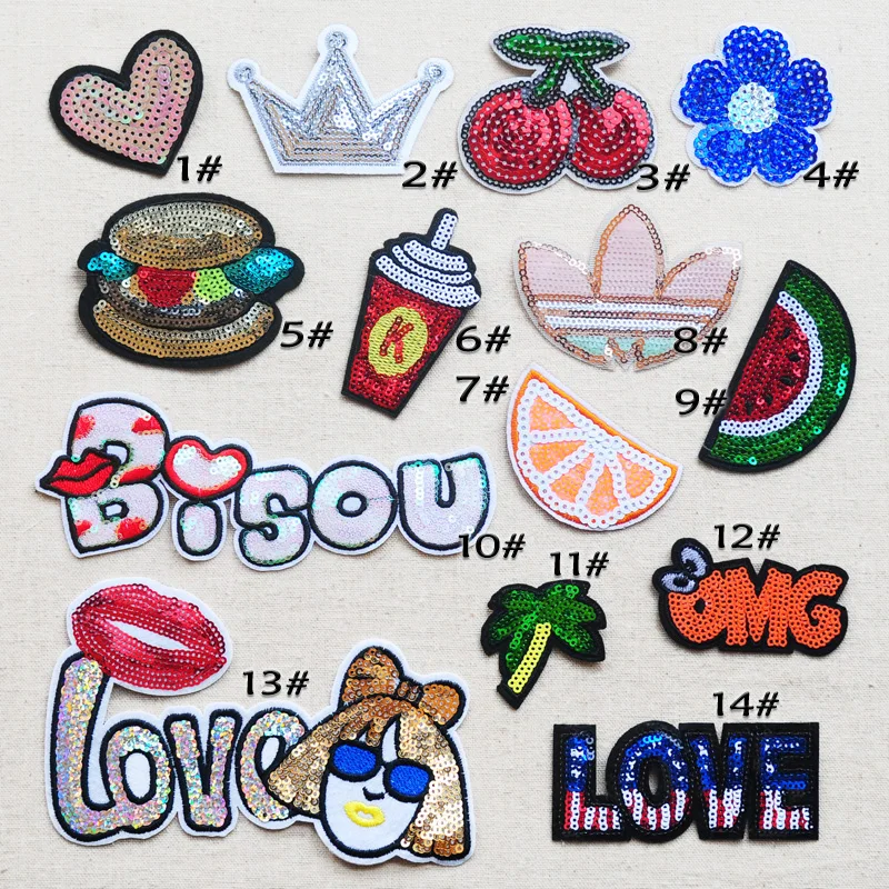 Small sequins embroidered sequins letters fruit cola burger t-shirt cloth stickers silver down jacket decorative patch decals
Small sequins embroidered sequins letters fruit cola burger t-shirt cloth stickers silver down jacket decorative patch decals