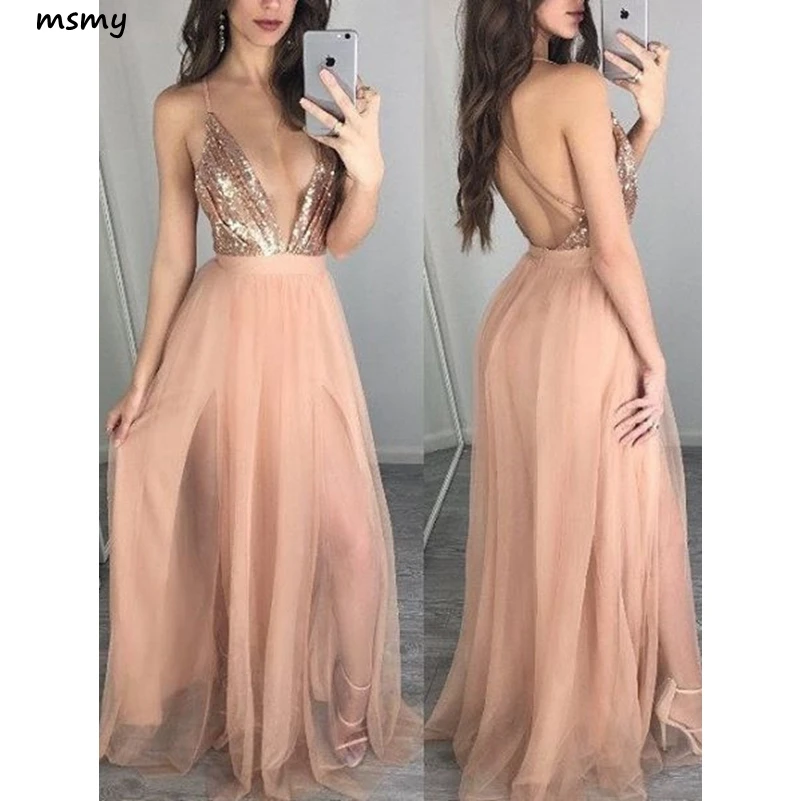 Sexy-Depp-V-Neck-Champagne-Long-Tulle-Prom-Dress-Formal-Evening-Dress