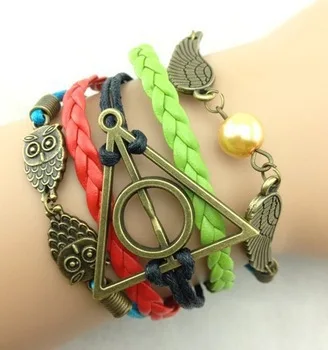 3pcs Deathly Hallow & Wings and Owls Charm Bracelet--Antique Bronze Wax Cords Leather Braided Bracelet-Personalized b95 | Украшения и