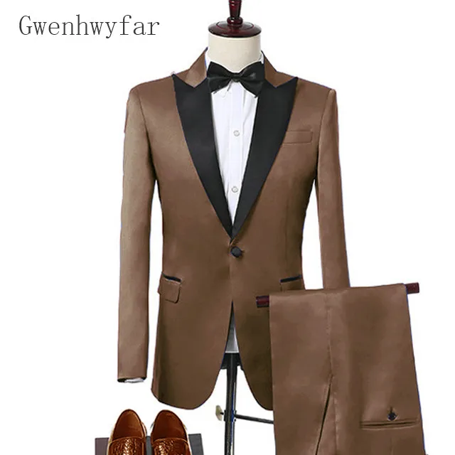 Gwenhwyfar 2018 Latest Designer Brown Men Suit For Wedding Prom Dinner Groom Tuxedo Slim Fit Satin Blazer Suits Jacket Pants | Мужская