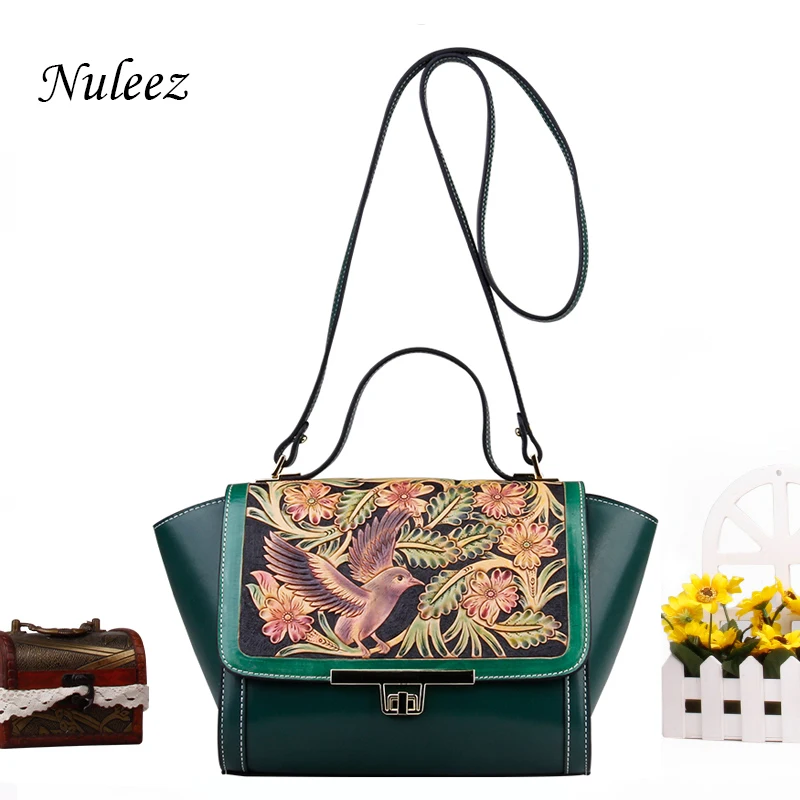 

Nuleez genuine cowhide leather cross-body bag women Hand-carved birds and floral delicate and luxury Chinese national style 2018