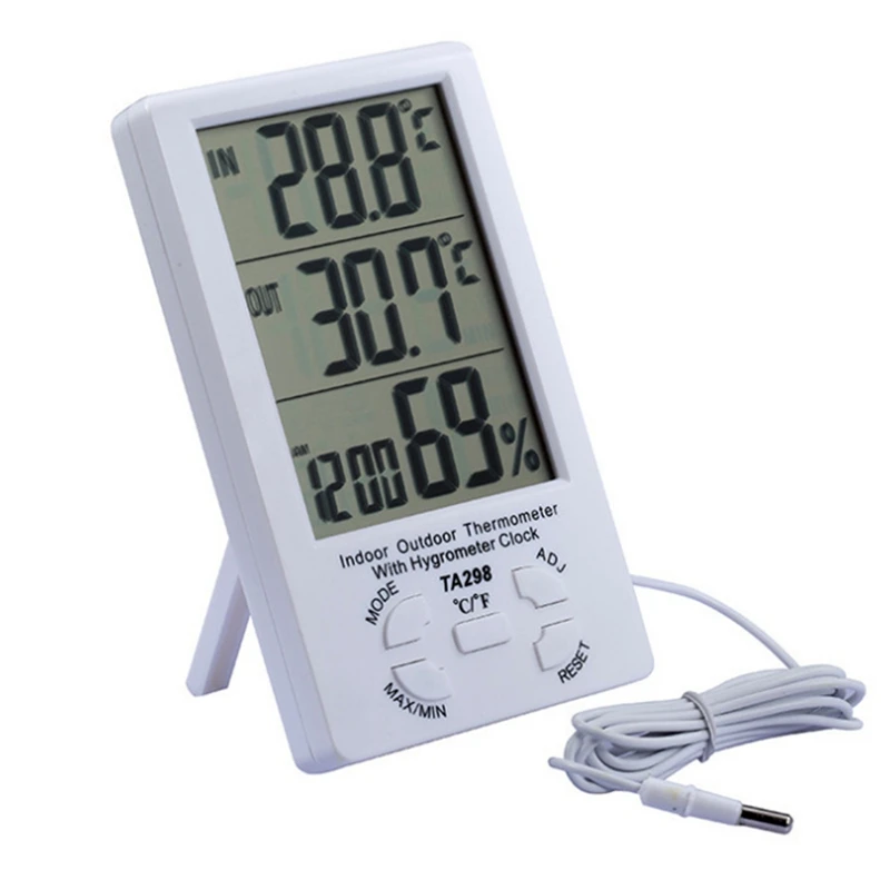 Digital Indoor Outdoor Home Thermometer Hygrometer LCD C/F Kitchen Temperature Humidity Tester Clock Alarm 1.5M Sensor TA298
Digital Indoor Outdoor Home Thermometer Hygrometer LCD C/F Kitchen Temperature Humidity Tester Clock Alarm 1.5M Sensor TA298