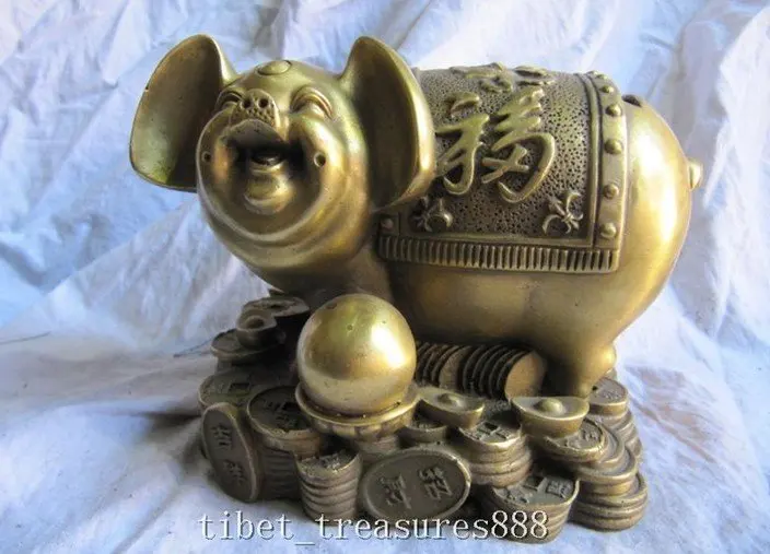 Pure brass a lucky pig bring with wealth money box statue (A0314)