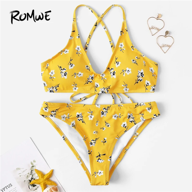 

Romwe Sport Yellow Calico Floral Print Criss Cross Top With Panty Swimsuit Women Summer Sexy Spaghetti Strap Wire Free Swimwear