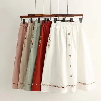 Women Summer Skirt Single Breast Folk Style Embroidery Vintage Skirts Elastic Waist Knee Length Cotton Linen Female Swing Skirt
Women Summer Skirt Single Breast Folk Style Embroidery Vintage Skirts Elastic Waist Knee Length Cotton Linen Female Swing Skirt