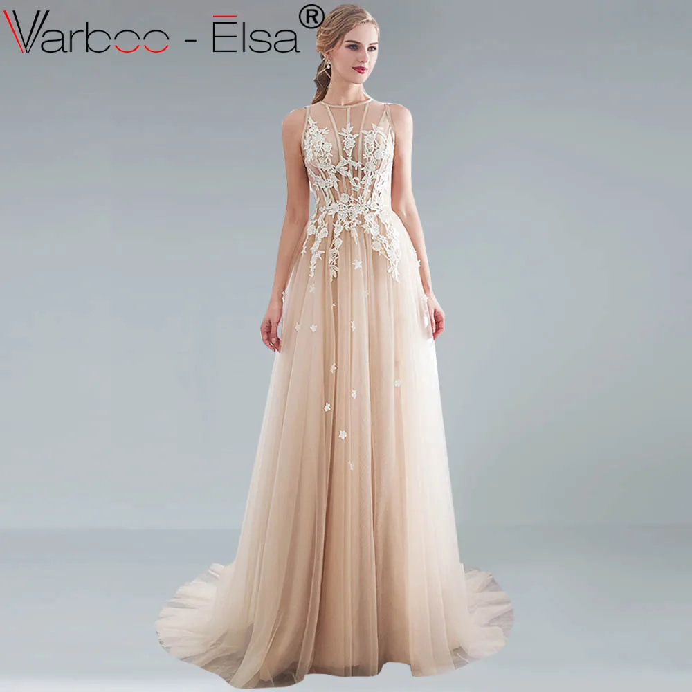 VARBOO_ELSA Sexy Tulle champagne Long Evening Dresses 2018 o neck sleeveless lace appliques A Line Special Occasion Prom Gowns
VARBOO_ELSA Sexy Tulle champagne Long Evening Dresses 2018 o neck sleeveless lace appliques A Line Special Occasion Prom Gowns