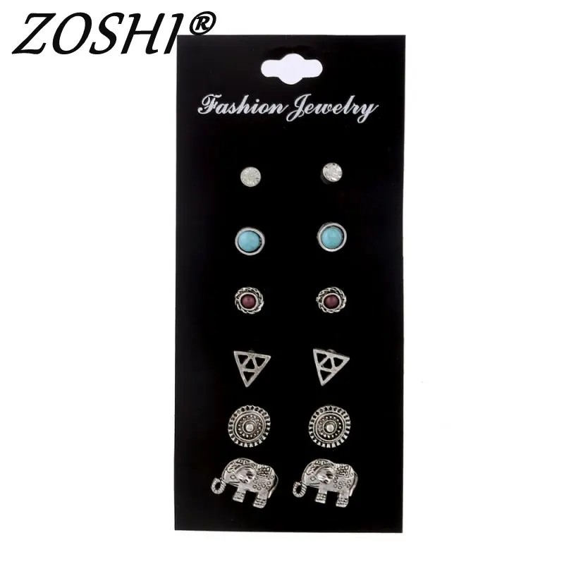 Fashion accessories stud earring pack set 6 pairs round Stone silver Elephant hollow triangle earrings gift for women brincos
Fashion accessories stud earring pack set 6 pairs round Stone silver Elephant hollow triangle earrings gift for women brincos