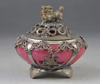 

Exquisite chinese Tibetan silver carving kylin inlay red jade Incense burner