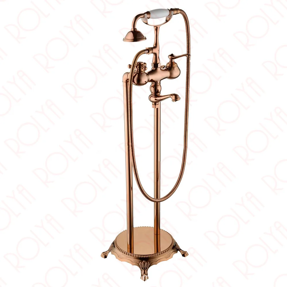 

Floor Mounted Bath Shower Mixer Faucet Taps Freestanding Tub Filler Cross Knobs Handle Telephone Bath Bathtub Faucet Rose Golden