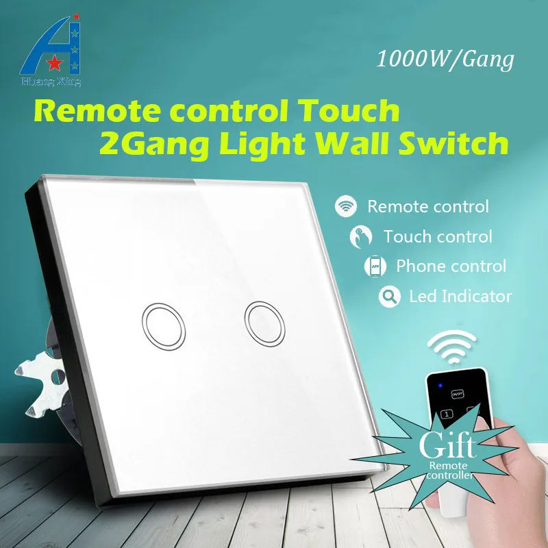 

New 1000W high quality light switch EU Standard 2 Gang 1 way radio Remote Control wall switch, Glass panel Touch Switch 110-240V