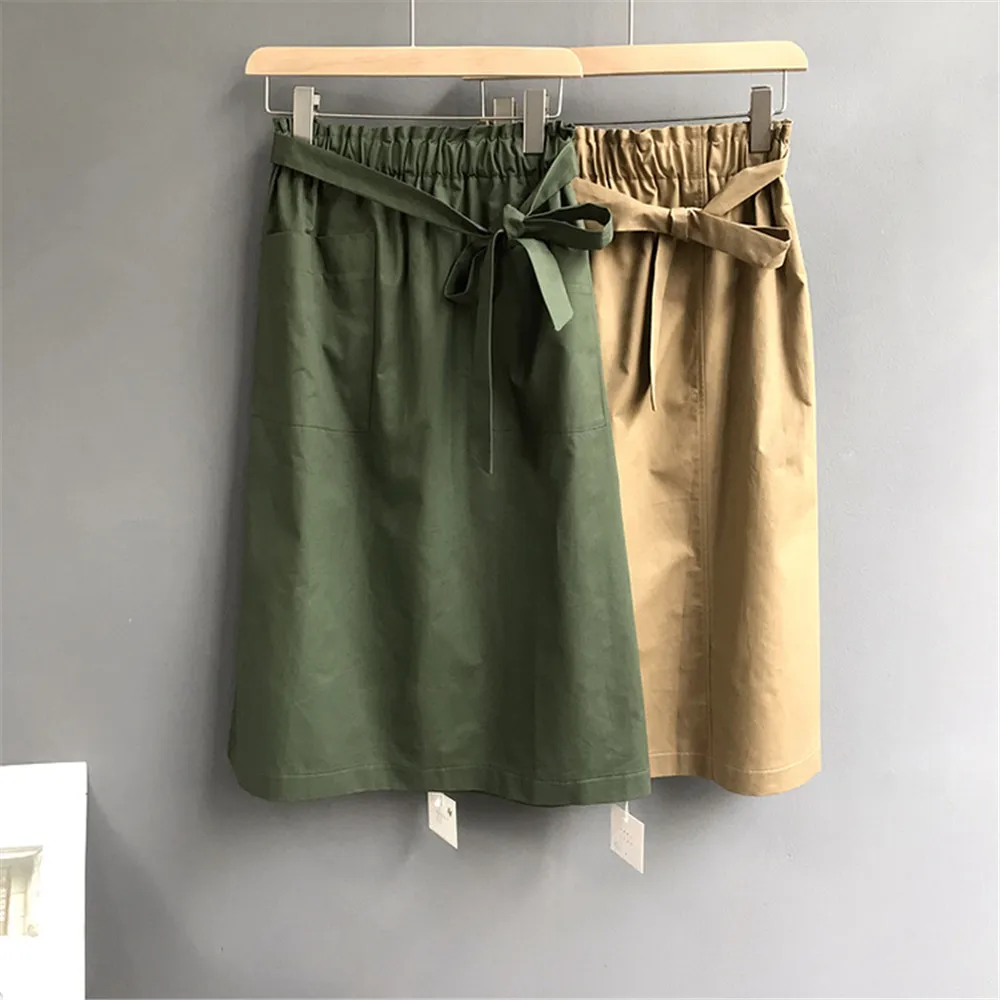 HIGH QUALITY Big Pocket Autumn Skirt For Women 2018 Casual mid-calf length pleated skirts Solid High Waist Skirt Maxi (1)