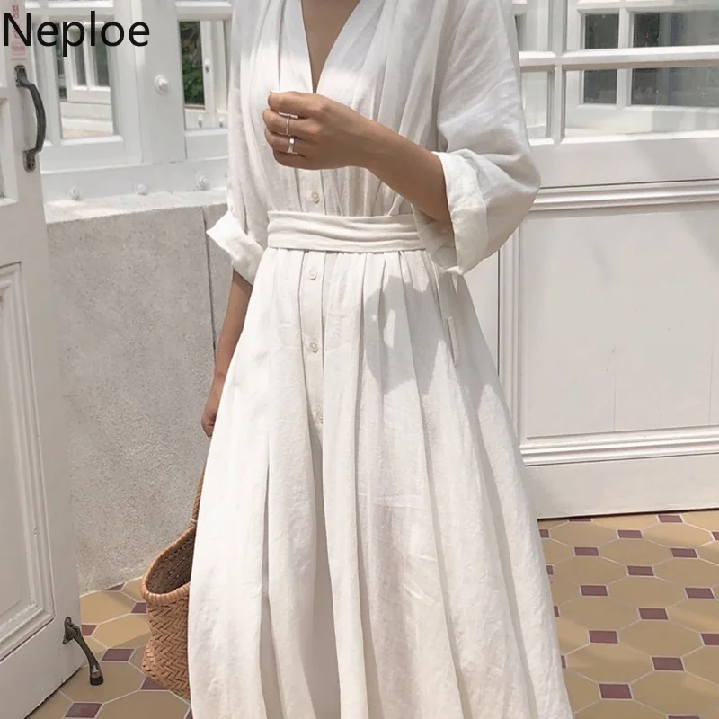 Neploe Korean Women White Black Elegant Cotton Long Shirt Dress Vestidos Single Breasted Plus Size Dresses Bandage Pleated Robe
Neploe Korean Women White Black Elegant Cotton Long Shirt Dress Vestidos Single Breasted Plus Size Dresses Bandage Pleated Robe