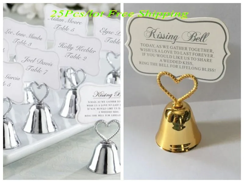 

25Pcs/lot Wedding and Party Decorations Kissing Bell Love Heart Bell Place Card Holder For Guest Name holder Photo Party Favors