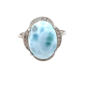 

LiiJi Unique Natural Caribbean Blue Larimar 925 Sterling Silver Cabochon Shape with Cubic Zircon Ring Resizable for women gift