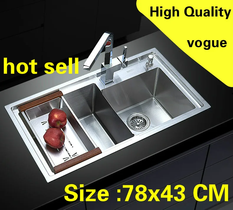 

Free shipping Apartment durable food grade 304 stainless steel standard kitchen manual sink double groove hot sell 78x43 CM