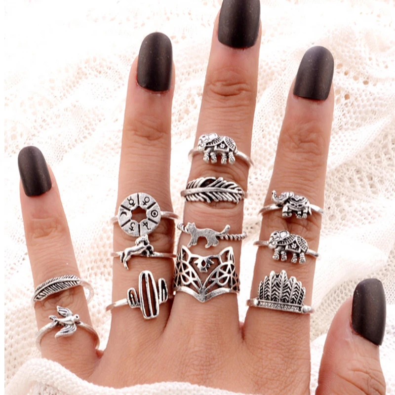 12 Pcs/set Bohemian Retro Elephant Cat Leaf Compass Women Silver Ring Set Creative Animal Ring Jewelry Accessories
12 Pcs/set Bohemian Retro Elephant Cat Leaf Compass Women Silver Ring Set Creative Animal Ring Jewelry Accessories