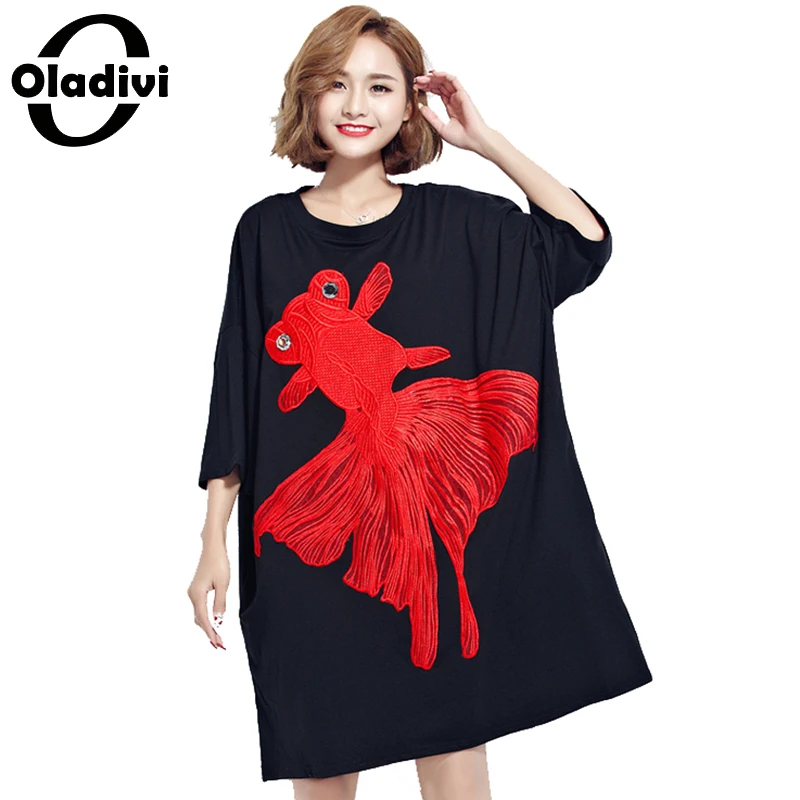 

Oladivi Organza Goldfish Embroidered Dress Plus Size Women Clothing Casual Dresses Black Long Tops Tees Shirt Tunics 8XL 7XL 6XL