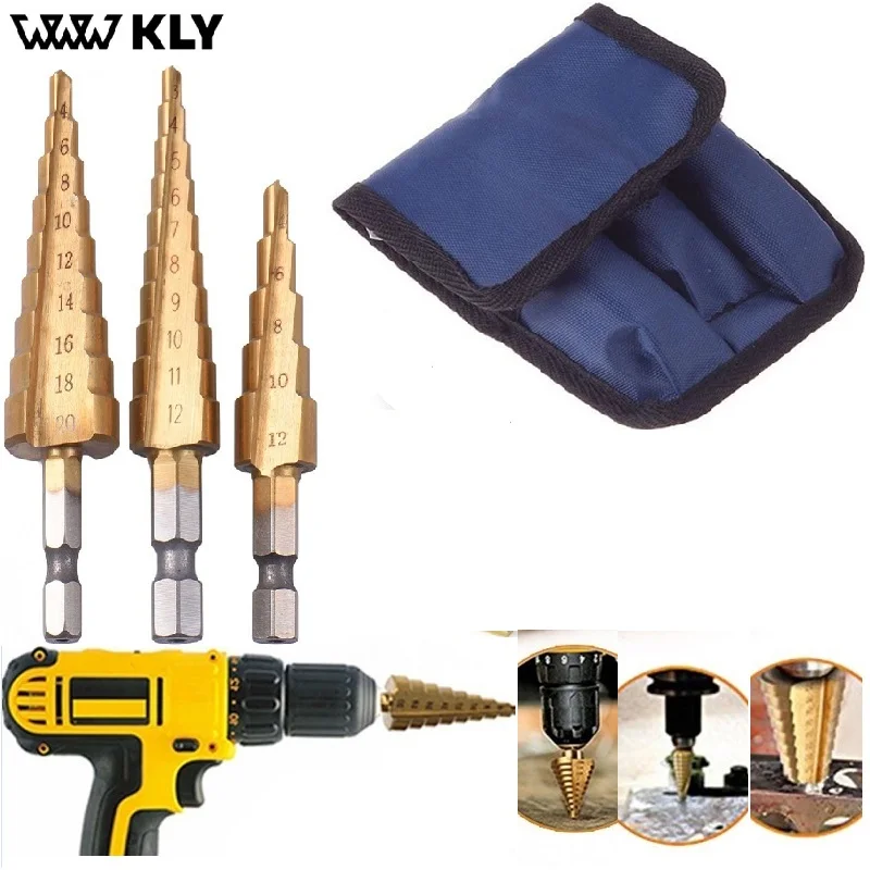 WWW KLY Hex Head High Speed Steel Wood Metal Drilling Titanium Step Drill Bits 3-12mm 4-12mm 4-20mm HSS Power Tools 3pcs/set
WWW KLY Hex Head High Speed Steel Wood Metal Drilling Titanium Step Drill Bits 3-12mm 4-12mm 4-20mm HSS Power Tools 3pcs/set