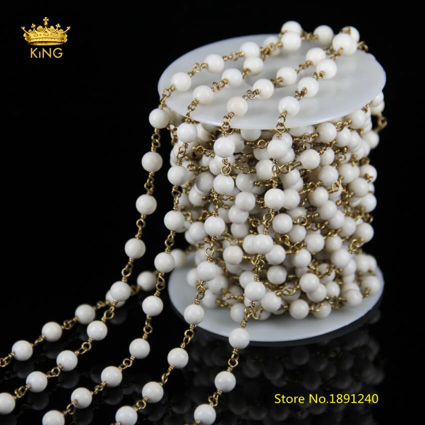 5meter 6mm Smooth White Stone Round Beads Chains Findings Wire Wrapped Plated Brass Copper Links Rosary Jewelry HX140 | Украшения и