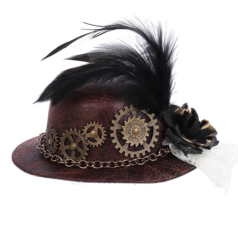 

Handmade Womens Lolita Cosplay Little Hat Hairpin Steampunk Mini Top Hat Vintage Fedoras Gothic Gear & Feather Chain Headwear