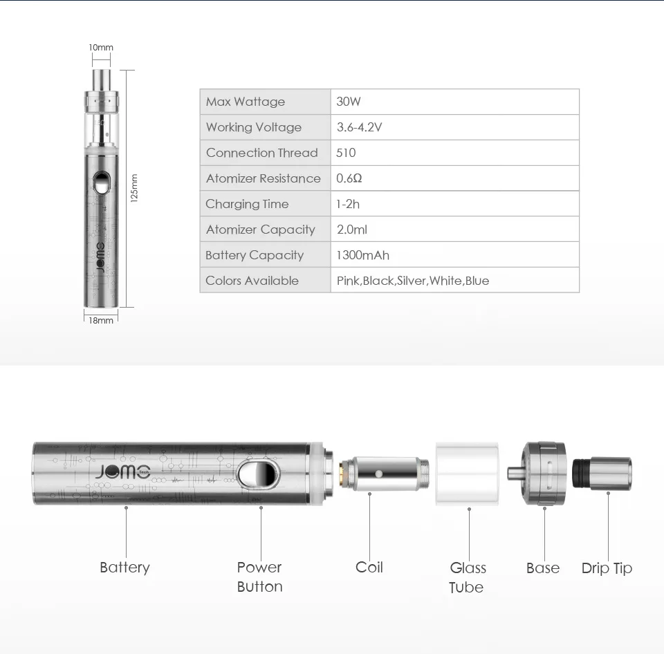 Original Jomotech Royal Vape Pen Electronic Cigarette starter kit 1300mah battery vaporizer vapor 2.0ml atomizer 510 thread