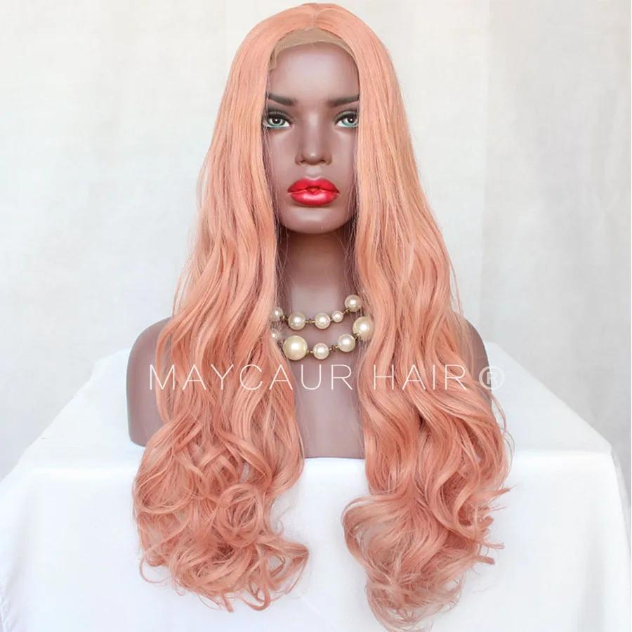 _0012_Maycaur Body Wave Wigs Pink Color 180 Density Long Wave Synthetic Lace Front Wigs For Black Women Natural Hairline