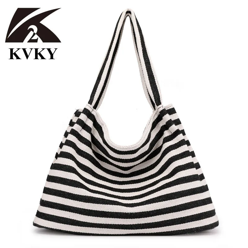 Летние черные белые полоски пляжная сумка с принтом женская Холщовая Сумка через