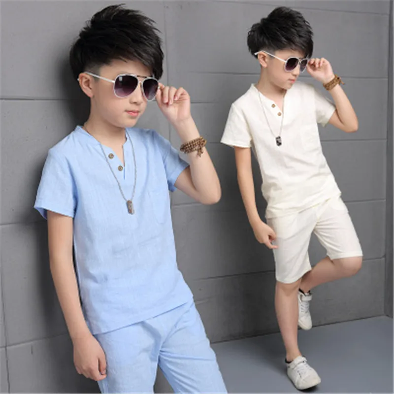 fashion Children Boys Clothing Sets Comfortable linen T-Shirt + Shorts kids school party Home pajamas two-piece Suits AA3592 |