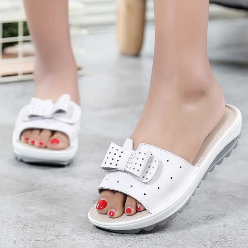 Women Summer Sandals shoes Leather Slip on Wedge Ladies Sweet butterfly knot Slippers Cut out Breathable Slides | Обувь
