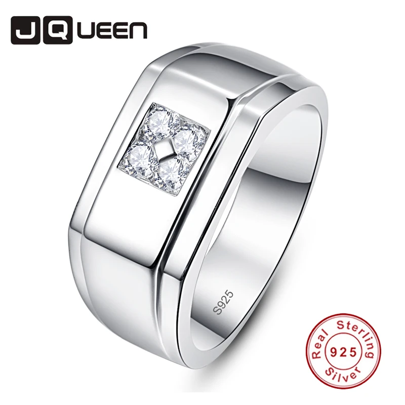 JQUEEN 10MM S925 Silver Men's Ring 4pcs 2MM White Zircon Pure 925 Sterling Silver Ring Men's Engagement Wedding Ring