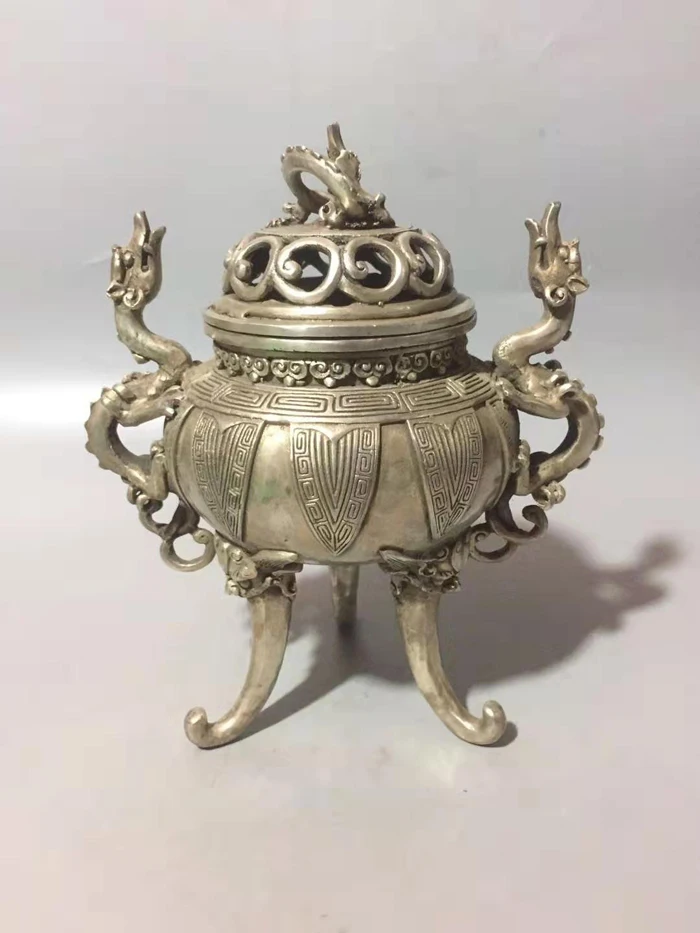 Exquisite Chinese Old-sytle Decorative White Copper Dragons and Auspicious Patterns Incense Burner Censer
Exquisite Chinese Old-sytle Decorative White Copper Dragons and Auspicious Patterns Incense Burner Censer