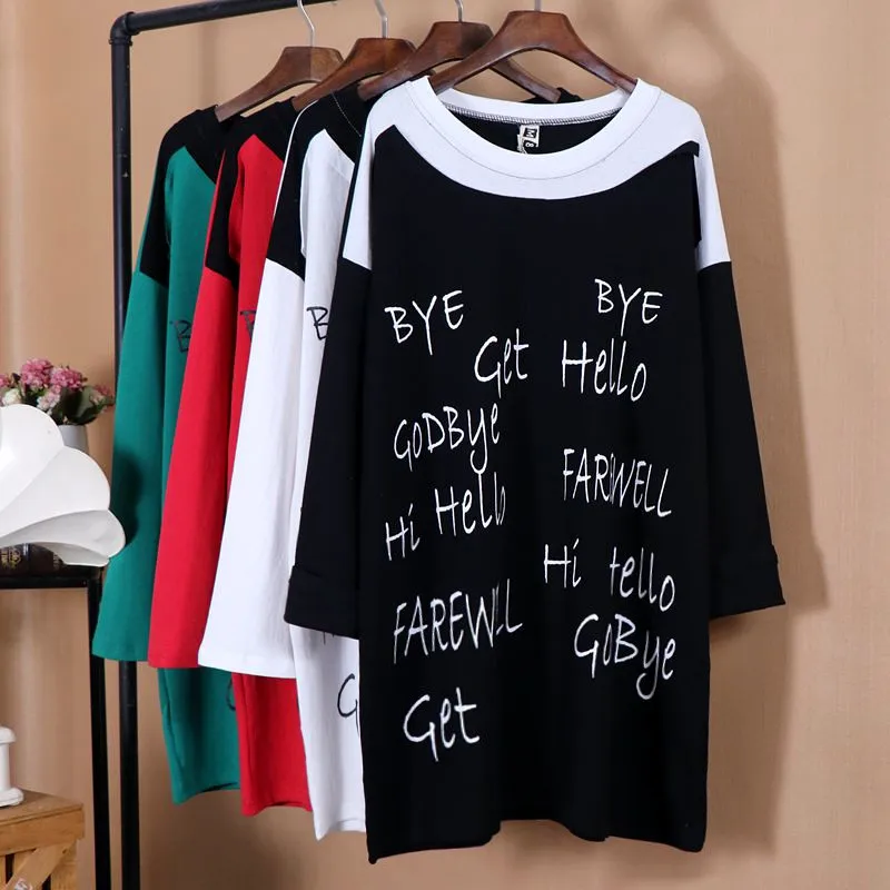 Autumn Women Tshirt Plus Size Cotton Loose Show Thin Casual Knitted Full Sleeve Long Cloth Letter Printed O-neck | Женская одежда