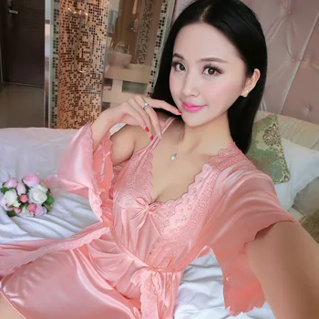 Sexy Nightwear Women V Neck Lingerie with Robe Night Gown Femme Bath Robes Nightie Nightgown Set Pink Underwear Women Silk Dress
Sexy Nightwear Women V Neck Lingerie with Robe Night Gown Femme Bath Robes Nightie Nightgown Set Pink Underwear Women Silk Dress