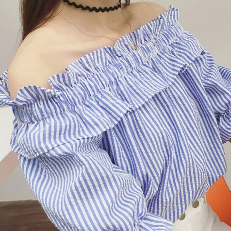 Striped Fashion Slash Neck Women Blouse Sweet Ruffles Patchwork Female Blusas Korean Short Sleeve Chiffon Shirts 2018
Striped Fashion Slash Neck Women Blouse Sweet Ruffles Patchwork Female Blusas Korean Short Sleeve Chiffon Shirts 2018