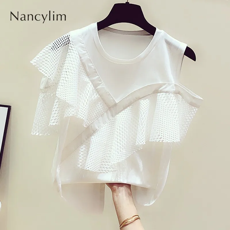 Summer White Blusas Woman 2019 New Korean Temperament Stitching Mesh Hollow Ruffled Round Collar Off Shoulder T-shirt Tees Tops
Summer White Blusas Woman 2019 New Korean Temperament Stitching Mesh Hollow Ruffled Round Collar Off Shoulder T-shirt Tees Tops